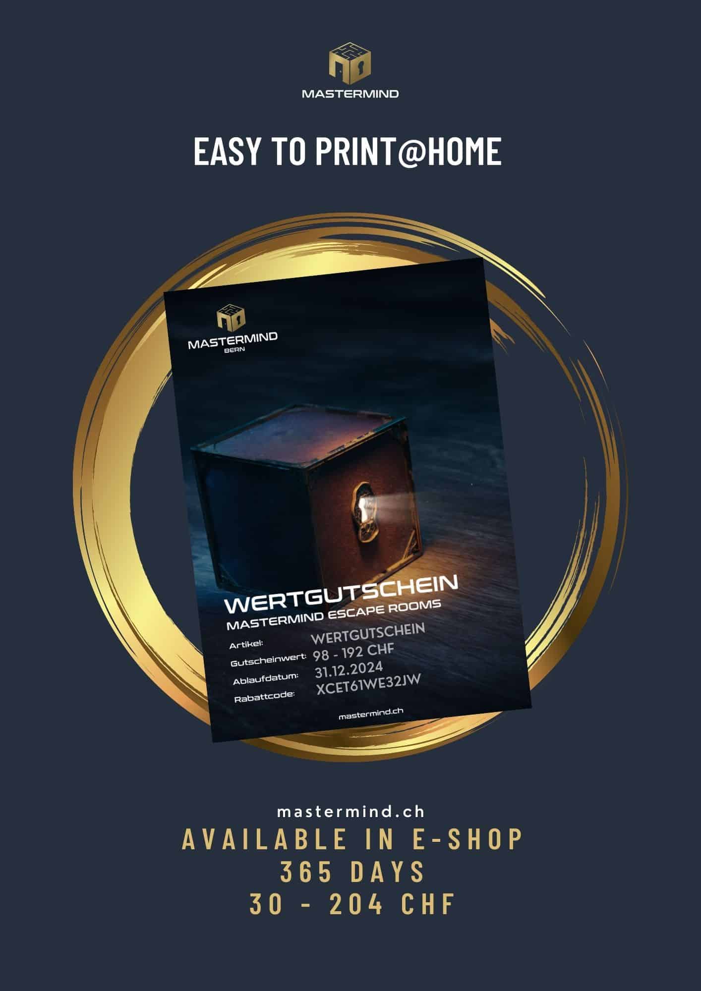 Unmissable gift card for Mastermind Escape Rooms in Bern, perfect for exciting adventures.