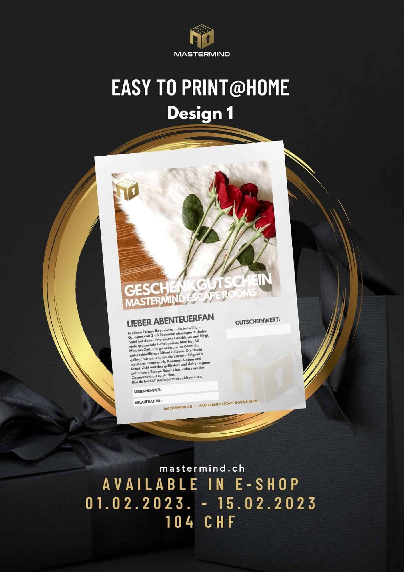Romantic gift card for Mastermind Escape Rooms Bern with roses design.