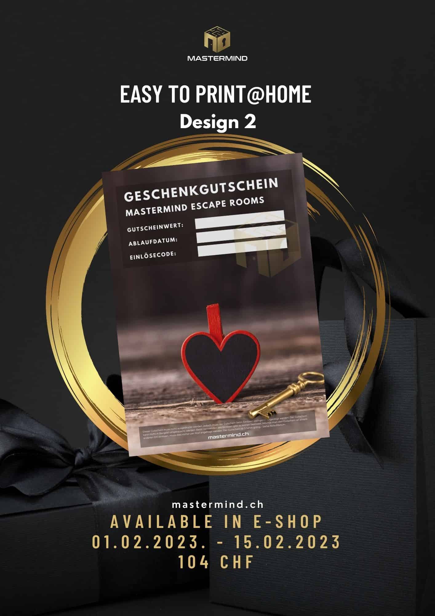 Gift voucher for Mastermind escape rooms in Bern, featuring a stylish design and key elements.